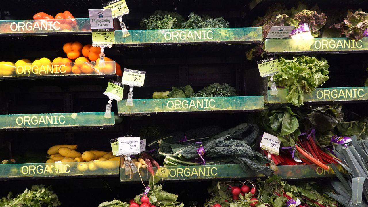 Organic labeled vegetables in a grocery store in Chicago. 