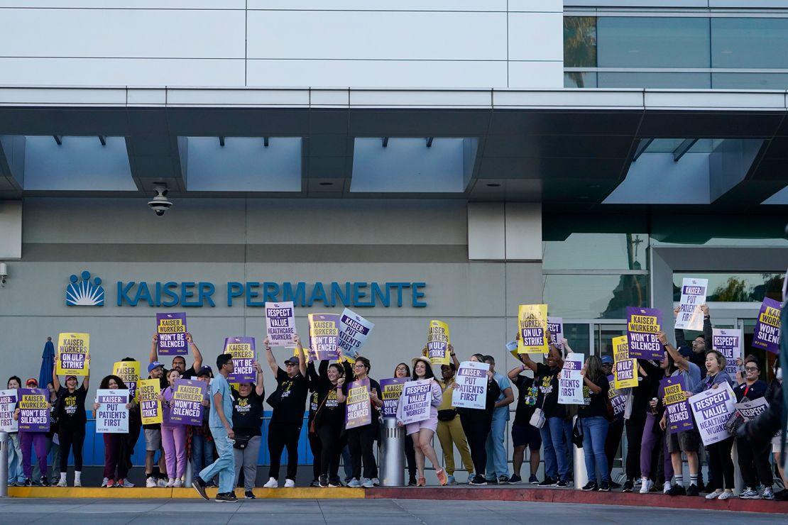 Kaiser Permanente healthcare workers rally outside Kaiser Permanente Los Angeles Medical Center in Los Angeles on Wednesday, October 4, 2023. 