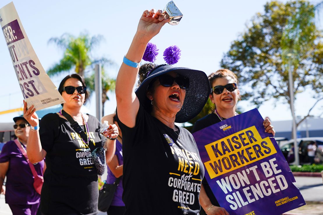 Kaiser Permanent workers picket Thursday, Oct. 5, 2023, in Baldwin Park, California. 