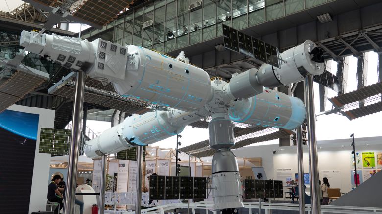 A model of China's space station on display at the 2023 Shanghai World Capital Design Conference, September 26, 2023, in Shanghai, China. 