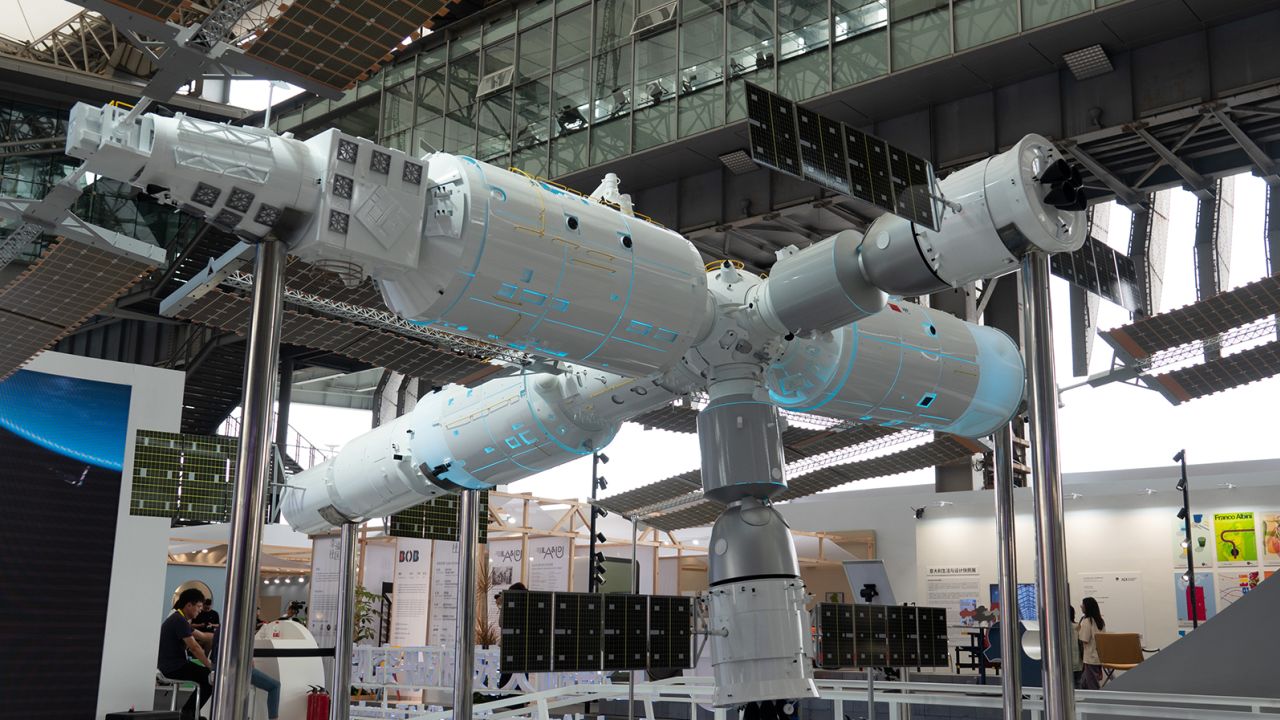A model of China's space station on display at the 2023 Shanghai World Capital Design Conference on September 26, 2023.
