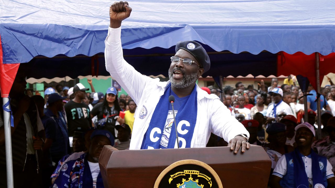 President George Weah addresses supporters of the ruling Coalition for Democratic Change at a rally in Pipeline, Paynesville, outside Monrovia, Liberia, on August 17, 2023.