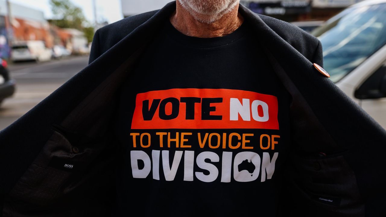A volunteer wearing a 'Vote No' T-Shirt on October 02, 2023 in Melbourne, Australia. On October 14, 2023.