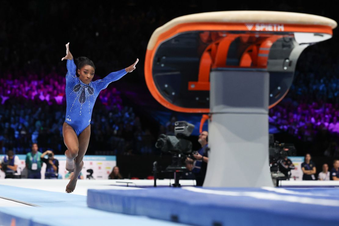 United States' Simone Biles competes on the vault during the women's all-round final at the Artistic Gymnastics World Championships in Antwerp, Belgium, Friday, Oct. 6, 2023. (AP Photo/Geert vanden Wijngaert)