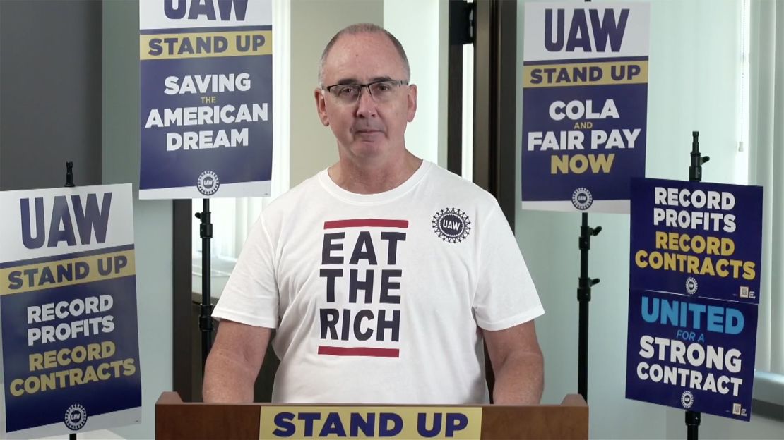 Shawn Fain speaking on Facebook Live in October 6, three weeks into the auto strike.