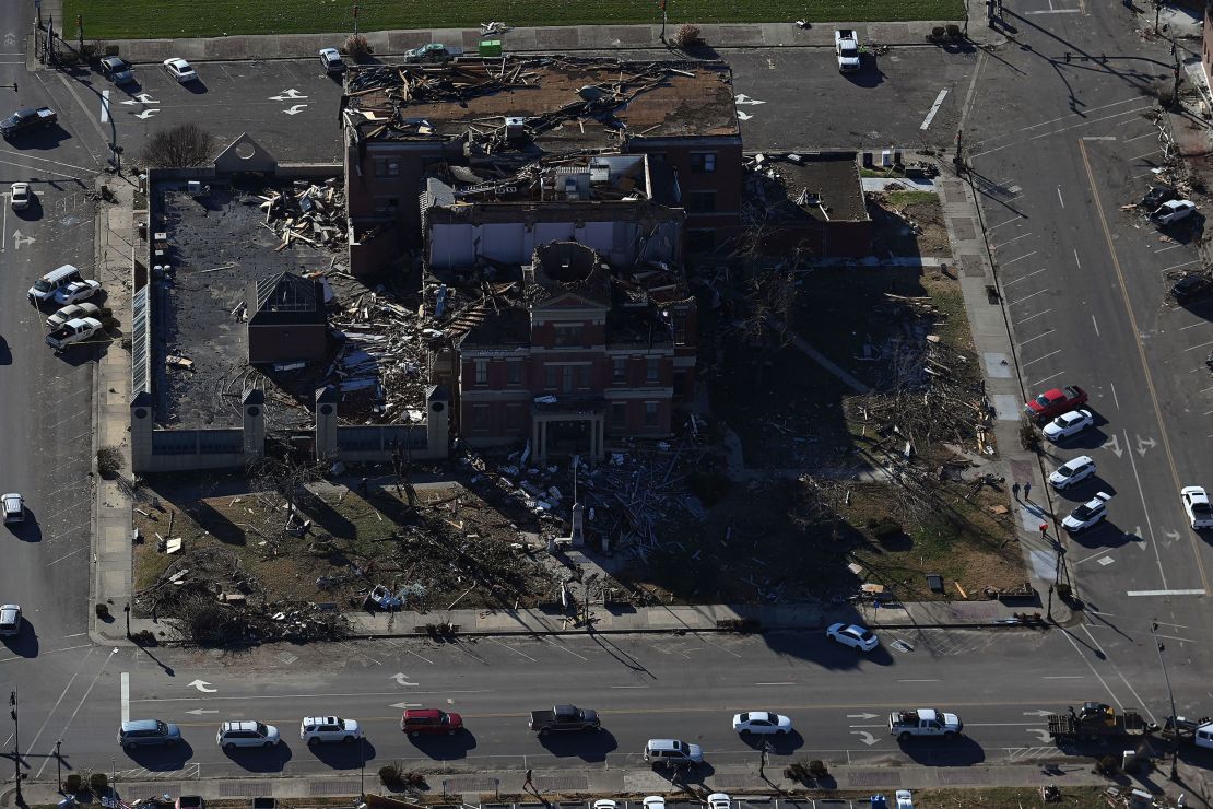 The Graves County courthouse was destroyed by a tornado on December 12, 2021 in Mayfield, Kentucky. 