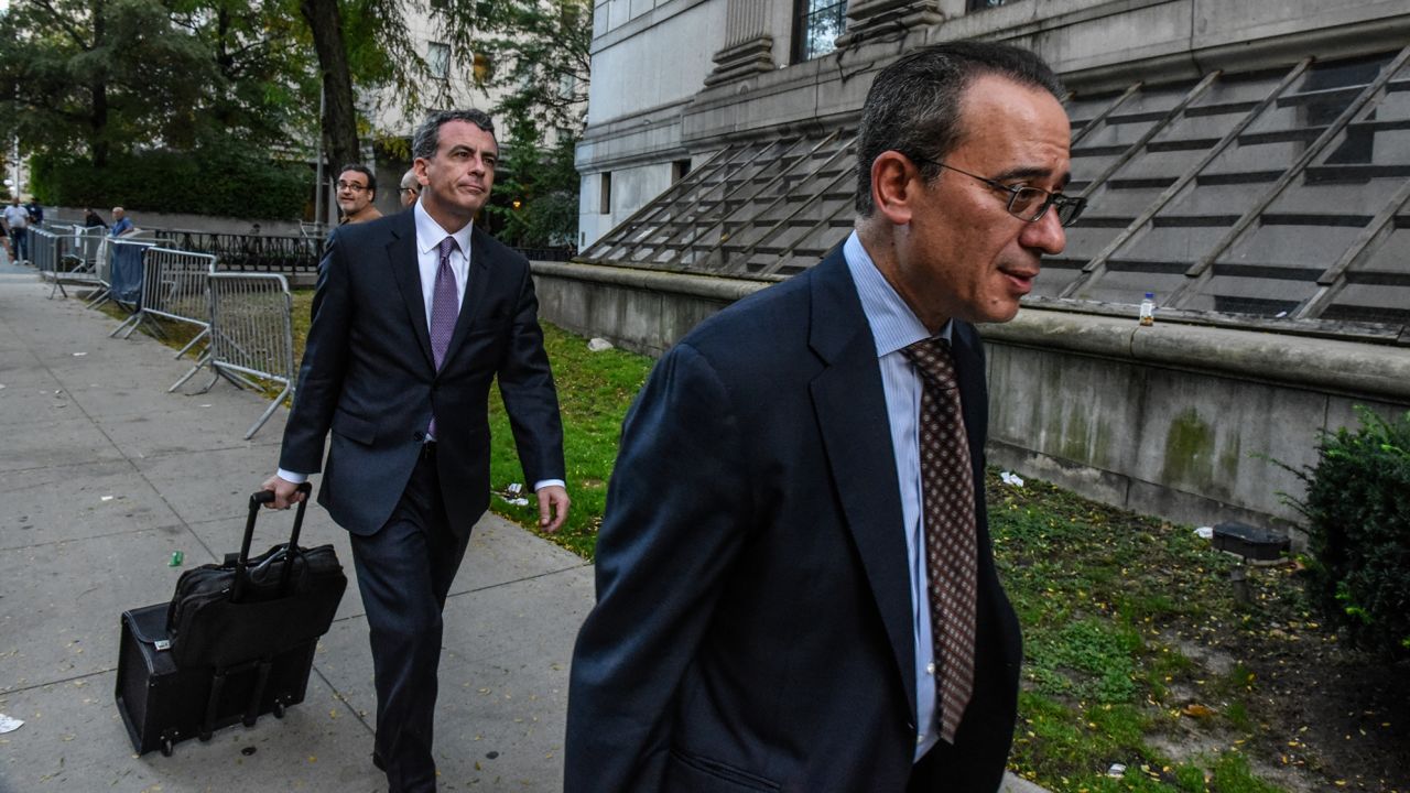 Christian Everdell and Mark Cohen, attorneys for Sam Bankman-Fried, exit court in New York on Wednesday, Oct. 5, 2023.