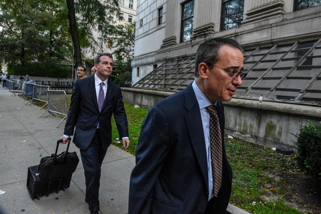 Christian Everdell and Mark Cohen, attorneys for Sam Bankman-Fried, exit court in New York on Wednesday, Oct. 5, 2023.