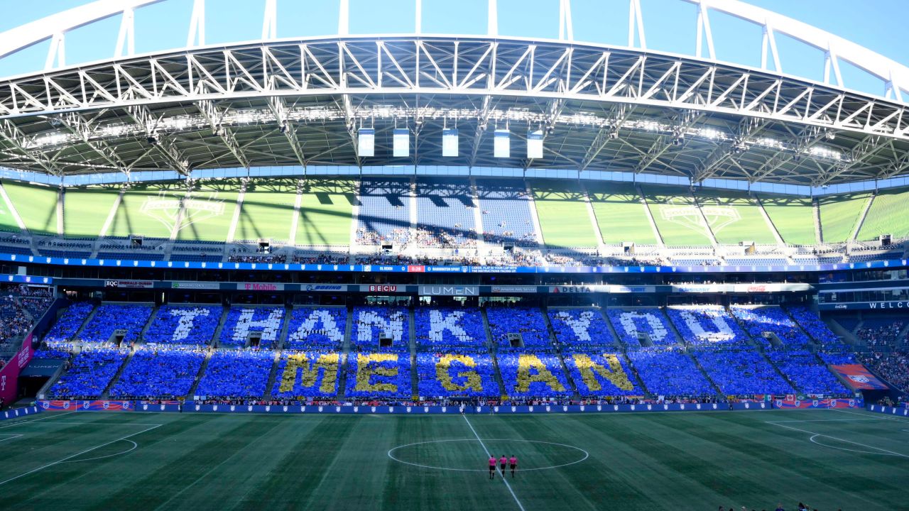 Oct 6, 2023; Seattle, Washington, USA; OL Reign forward Megan Rapinoe (15) is celebrated before the game against the Washington Spirit at Lumen Field. Mandatory Credit: Steven Bisig-USA TODAY Sports
