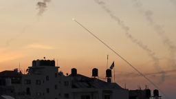 Rockets are fired from Gaza City as Israel's Iron Dome air defence system attempts to intercept them on October 7, 2023. 