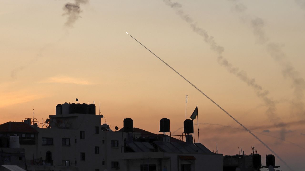 Rockets are fired from Gaza City as Israel's Iron Dome air defence system attempts to intercept them on October 7, 2023