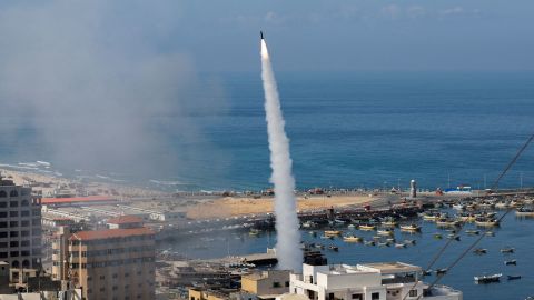 Rockets are fired from Gaza into Israel, in Gaza City, on Rockets are fired from Gaza into Israel, in Gaza City, on Saturday.
