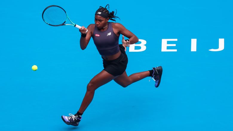 Coco Gauff of the United States returns a shot in the Women's Singles Semi-final match against Iga Swiatek of Poland on day 12 of 2023 China Open at the National Tennis Center on October 7, 2023 in Beijing, China.