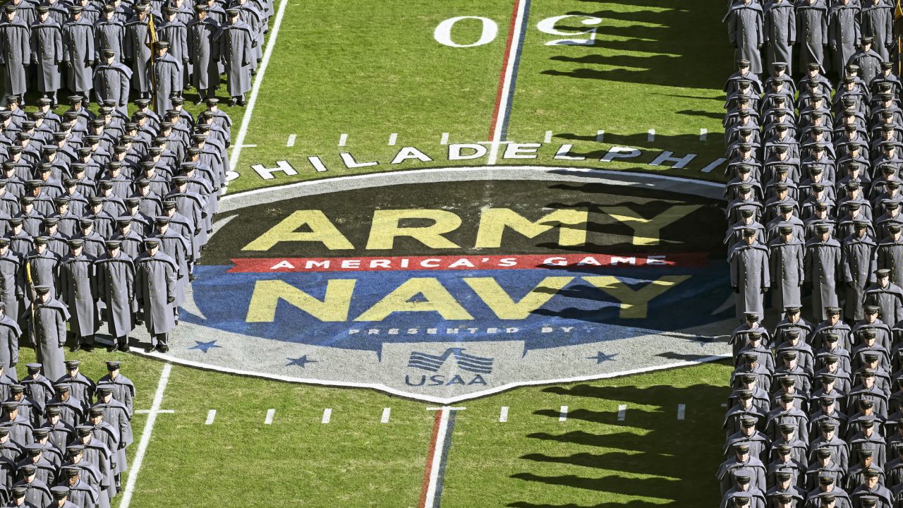 The Corps of the Cadets from Army line up on the field prior to the 123rd playing of the Army-Navy game on December 10, 2022, at Lincoln Financial Field in Philadelphia.