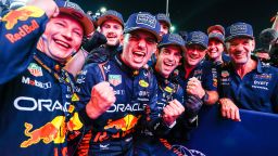2023 F1 World Drivers Champion Max Verstappen of the Netherlands and Oracle Red Bull Racing celebrates with his team in parc ferme after the Sprint ahead of the F1 Grand Prix of Qatar at Lusail International Circuit on October 07, 2023 in Lusail City, Qatar.