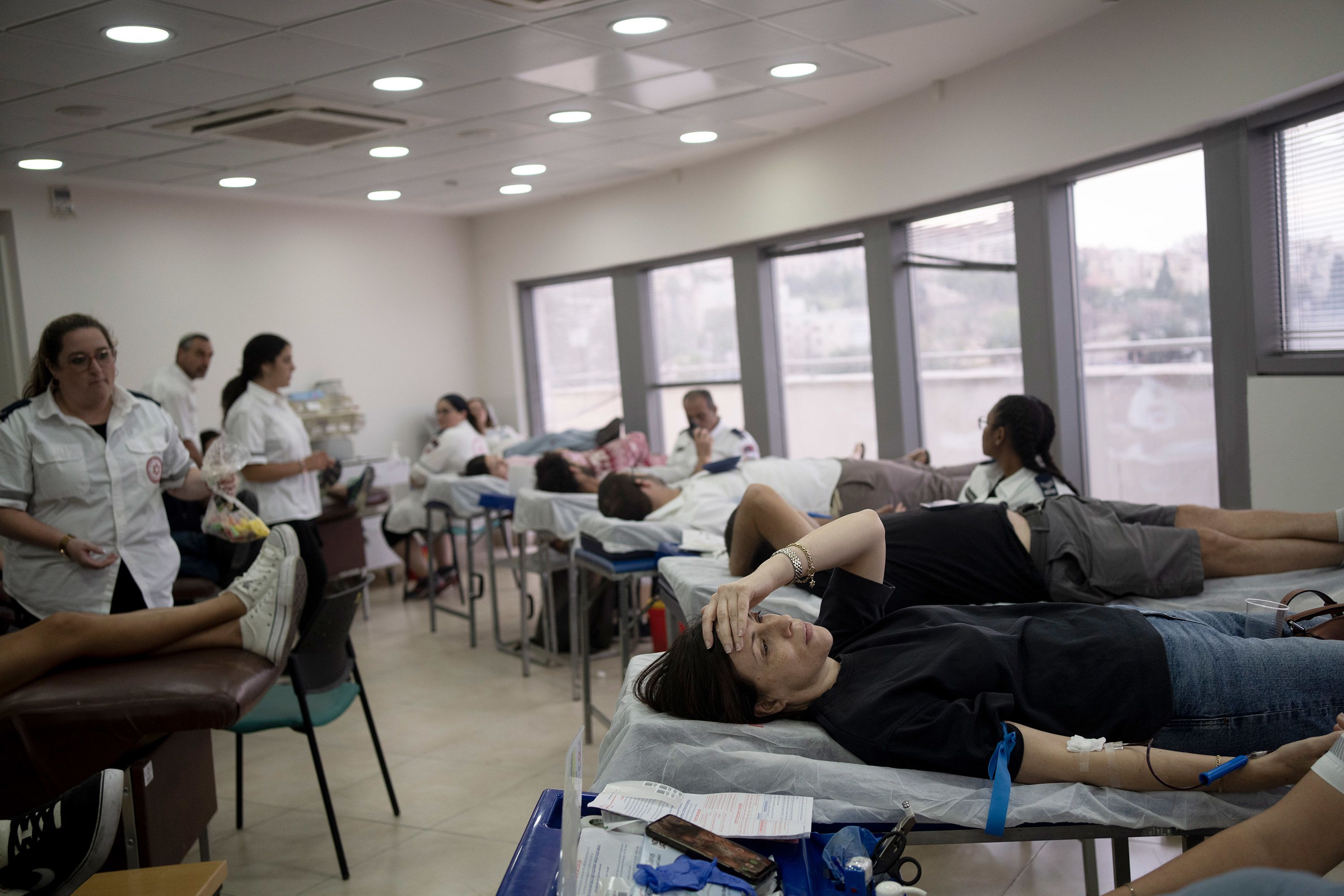 Israelis donate blood in Jerusalem on October 7.