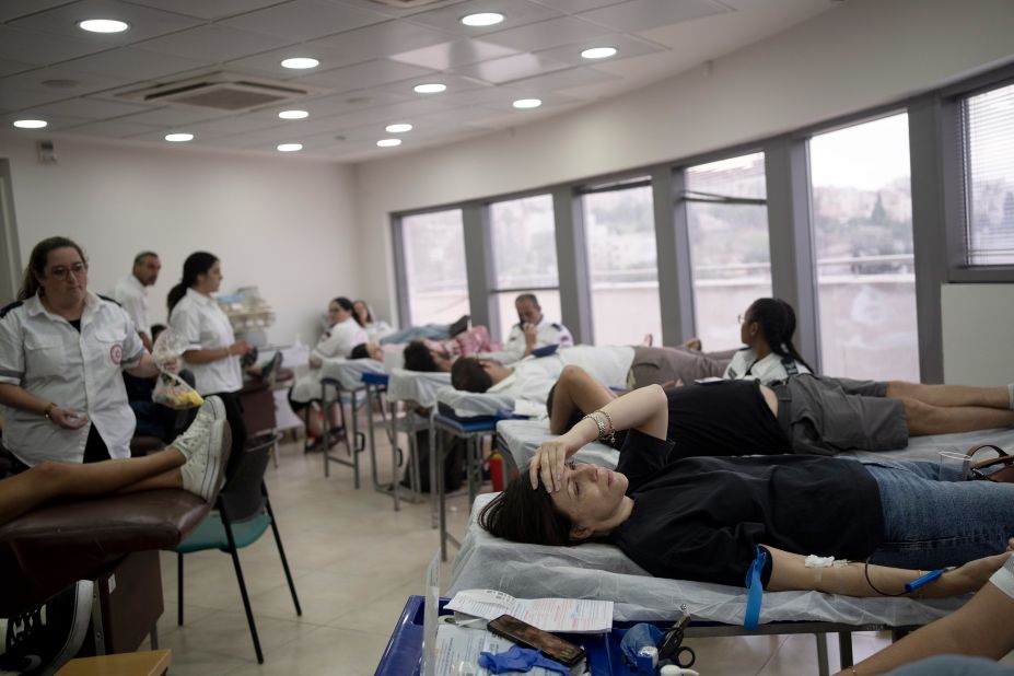 Israelis donate blood in Jerusalem on Saturday.