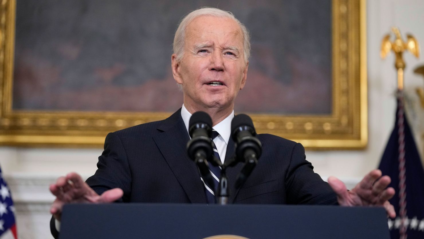 President Joe Biden speaks in the State Dining Room of the White House, October 7, 2023, in Washington.