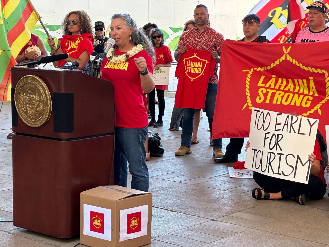Tamara Paltin, who represents Lahaina on the Maui County Council, speaks at a news conference asking Hawaii Gov. Josh Green to delay plans to reopen a portion of West Maui to tourism.