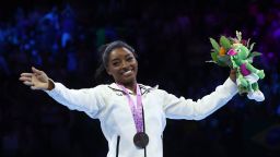 Gymnastics - 2023 World Artistic Gymnastics Championships - Sportpaleis, Antwerp, Belgium - October 8, 2023
Gold medallist Simone Biles of the U.S. celebrates during the medal ceremony after winning the floor exercise at the women's apparatus finals
