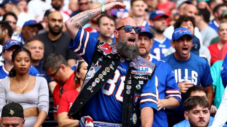 LONDON, ENGLAND - OCTOBER 08: A Buffalo Bills fan shows their support during the NFL Match between Jacksonville Jaguars and Buffalo Bills at Tottenham Hotspur Stadium on October 08, 2023 in London, England. (Photo by Peter Nicholls/Getty Images)