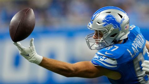 Detroit Lions tight end Sam LaPorta (87) tries in vain to pull in a pass reception in the first half of an NFL football game against the Carolina Panthers in Detroit, Sunday, Oct. 8, 2023. (AP Photo/Paul Sancya)