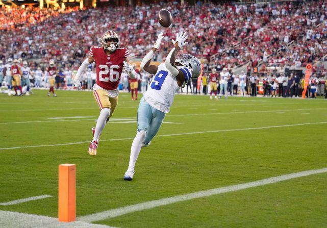 KaVontae Turpin of the Dallas Cowboys catches a touchdown pass during the second quarter of the Cowboys' 42-10 loss the San Francisco 49ers at Levi's Stadium on October 8.