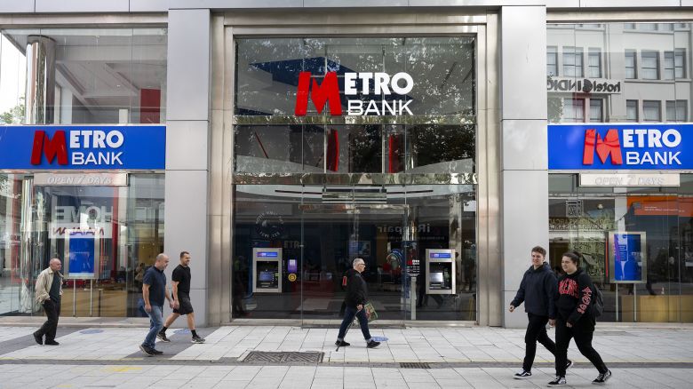 CARDIFF, WALES - OCTOBER 5: A general view of a Metro Bank on Queen Street on October 5, 2023 in Cardiff, Wales. Metro Bank is in talks with investors to raise up to £600mn after its share price fell almost 50 per cent recently after regulators failed to approve a request from them to lower the capital requirements attached to its mortgage business. Rating agency Fitch put Metro on negative watch yesterday, citing increased risks to the challenger bank's business model, capital position and funding of the company. (Photo by Matthew Horwood/Getty Images)