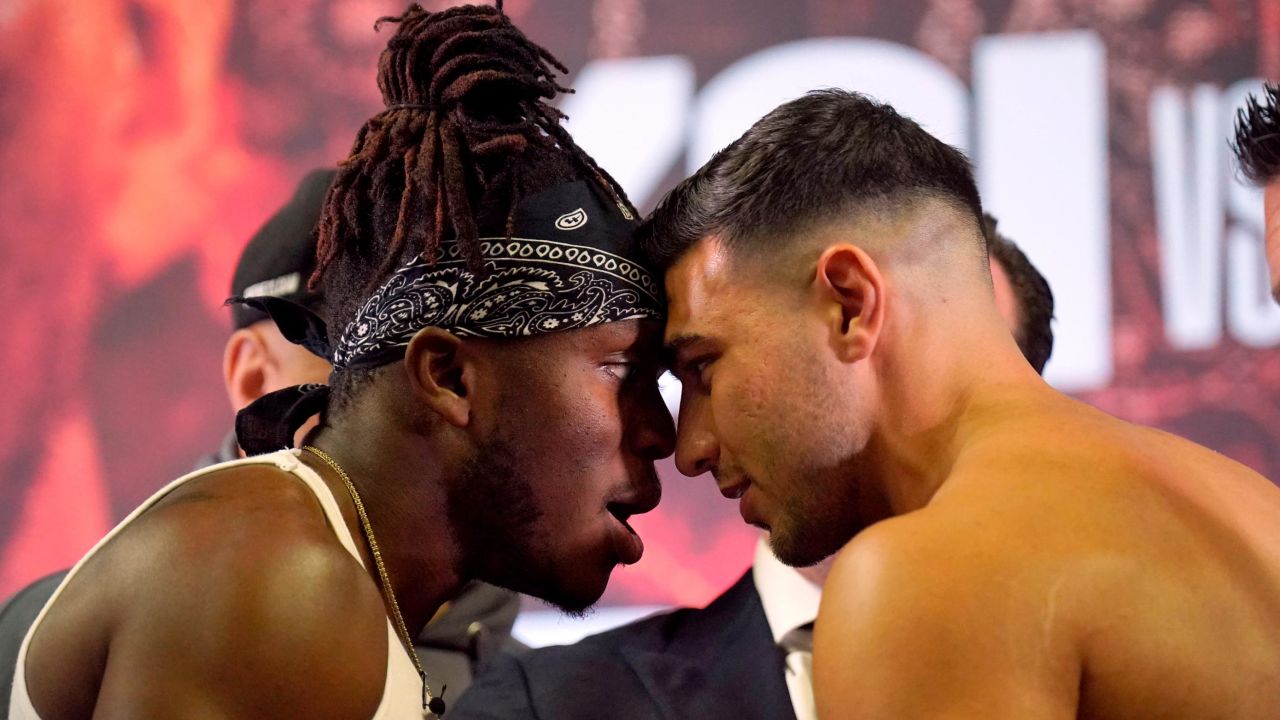 KSI and Tommy Fury head to head during a press conference at the OVO Arena Wembley, London. Picture date: Tuesday August 22, 2023. 73418360 (Press Association via AP Images)