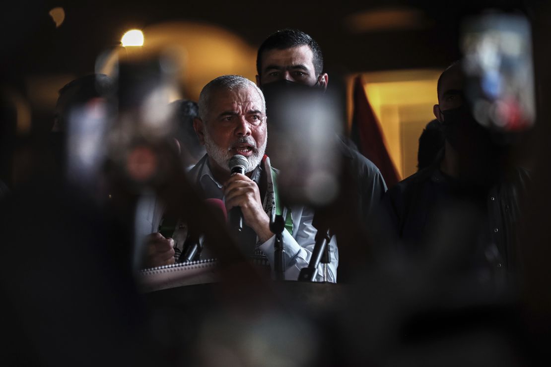 Hamas' political bureau chief Ismail Haniyeh speaks during a rally in Qatar's capital Doha, in May 2021.