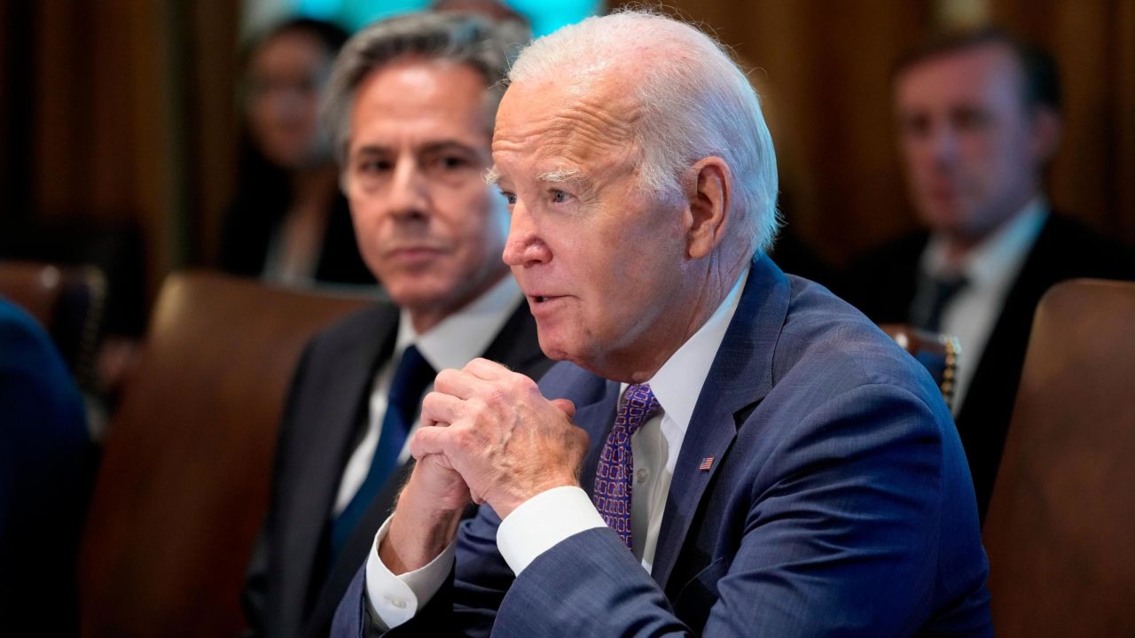 President Joe Biden speaks during a meeting with his Cabinet in the Cabinet Room of the White House in Washington, on October 2, 2023.