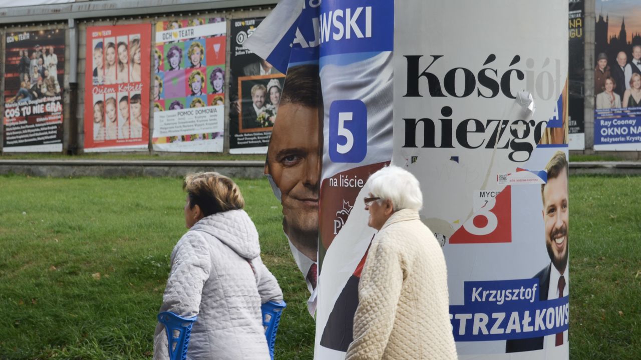A defaced poster promoting a PiS candidate billows in the wind on the outskirts of Warsaw.
