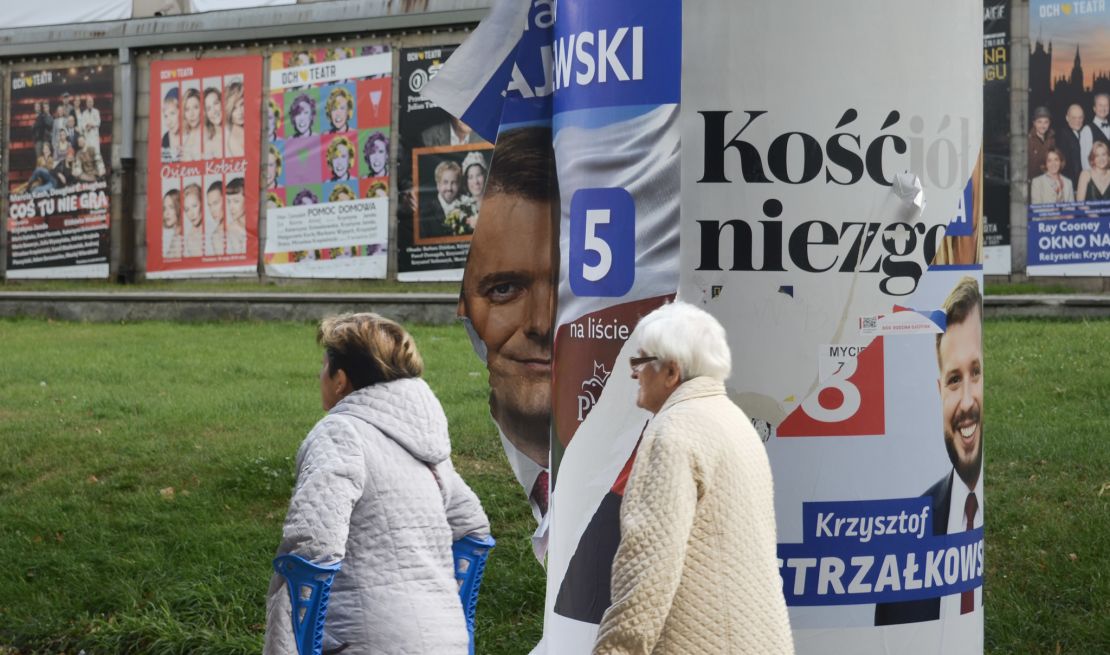 A defaced poster promoting a PiS candidate billows in the wind on the outskirts of Warsaw.