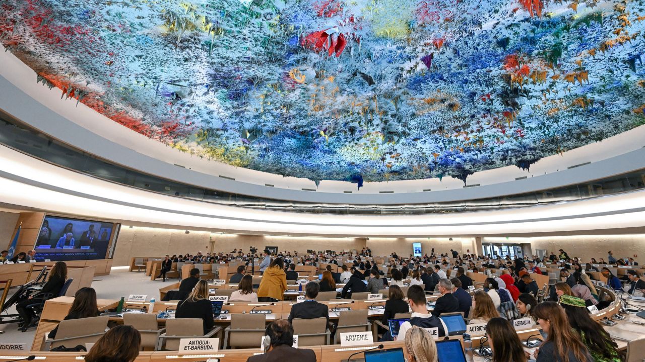 A general view during a panel at the 52nd UN Human Rights Council in Geneva, on March 10, 2023.