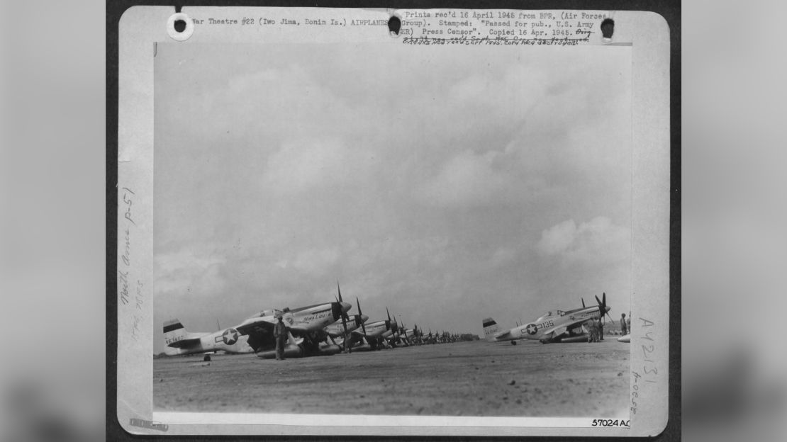 P-51s from the 78th Fighter Squadron P-51 on the flight line at Iwo Jima, April 16, 1945. The caption on the photograph indicates that Schlamberg was flying a P-51D (44-63382) named Annabelle, that was involved in a landing accident on July 4, 1945. National Archives and Records (A 42131).