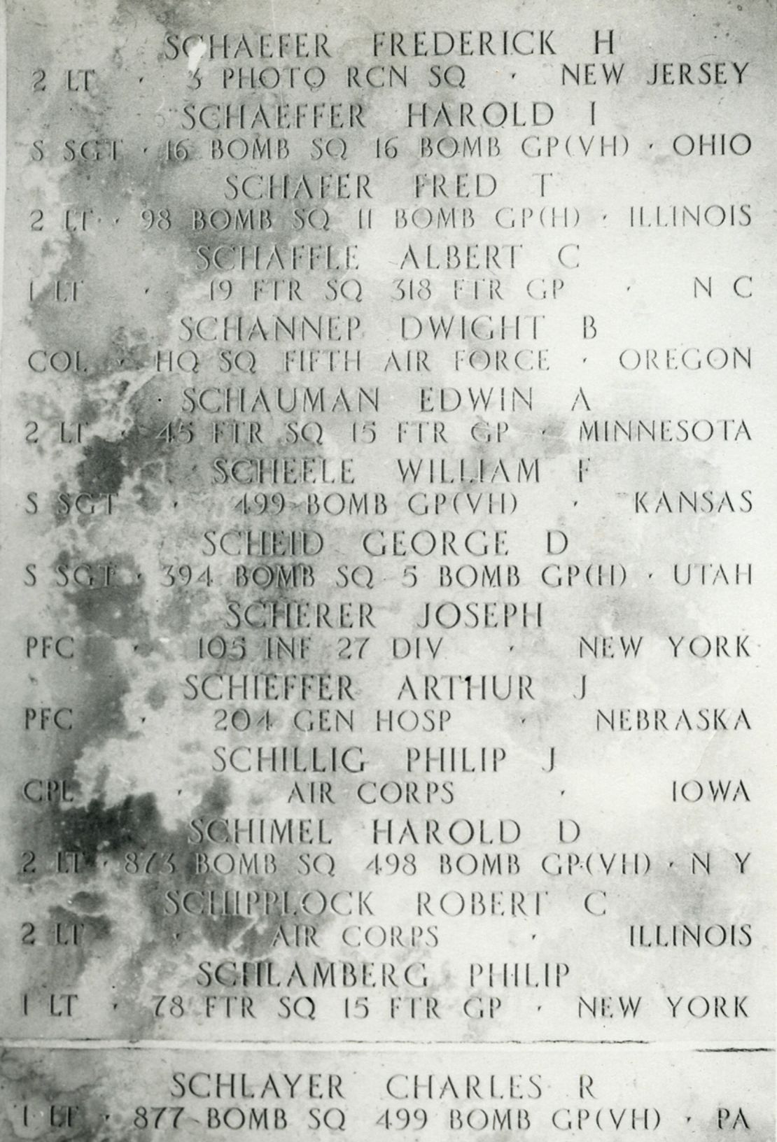4th name down - Schlamberg's name on the Wall of the Missing at the Honolulu Memorial, located in the National Memorial Cemetery of the Pacific, in Honolulu, Hawaii, 2017. Courtesy of American Battle Monuments Commission.