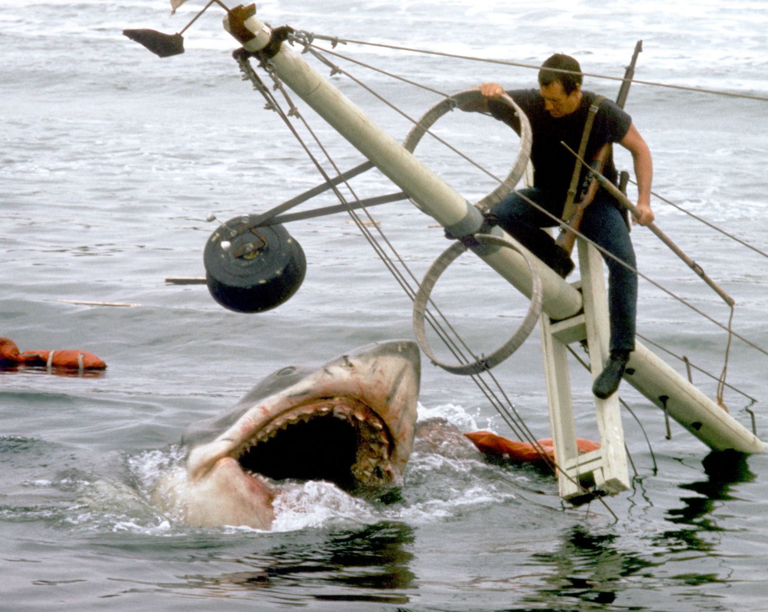 American actor Roy Scheider on the set of Jaws, directed by Steven Spielberg.