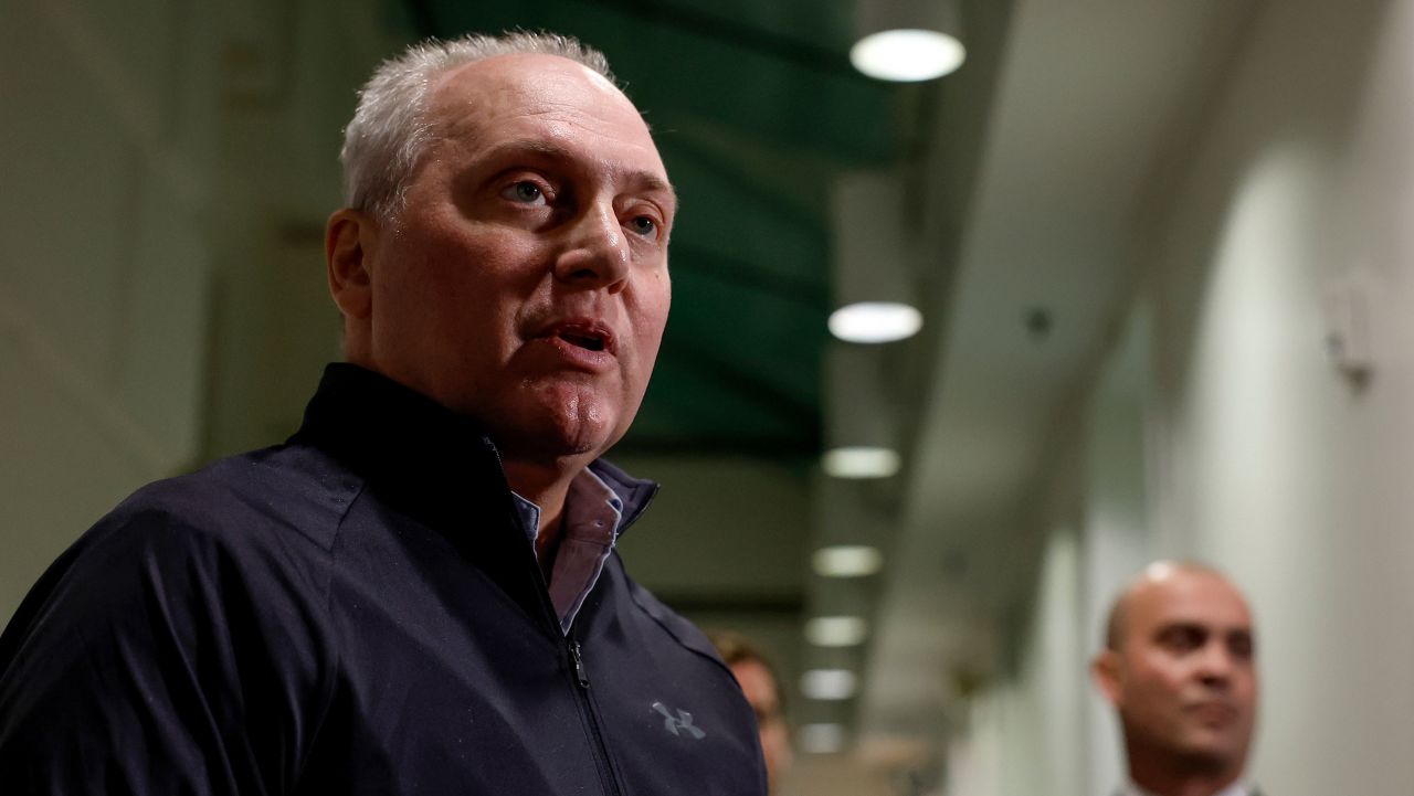 WASHINGTON, DC - OCTOBER 09: U.S. House Majority Leader Rep. Steve Scalise (R-LA) speaks to reporters after meeting with House Republicans at the U.S. Capitol Building on October 09, 2023 in Washington, DC. House Republicans held the discussion about the vote for U.S. Speaker of House ahead of a formal candidate forum this week. (Photo by Anna Moneymaker/Getty Images)