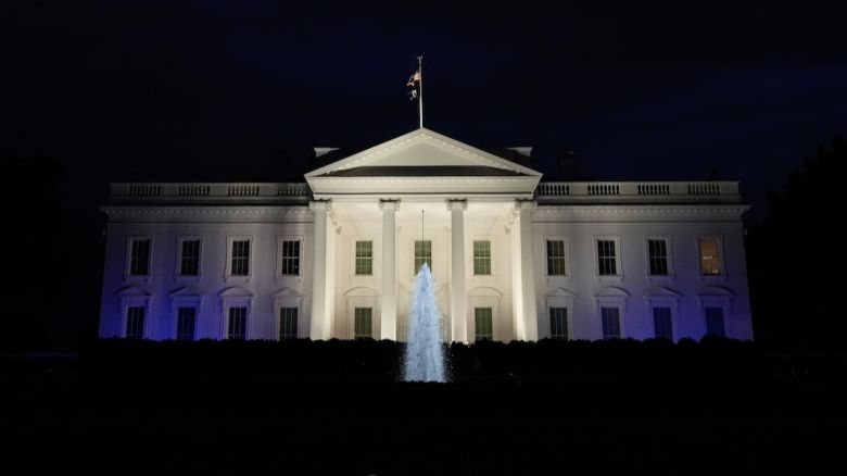 WASHINGTON, DC - OCTOBER 9: The White House is illuminated in white and blue in support of Israel, October 9, 2023 in Washington, DC. The White House said they illuminated the facade in the colors of the Israeli flag in a show of support against the terrorists attacks by Hamas. (Photo by Drew Angerer/Getty Images)