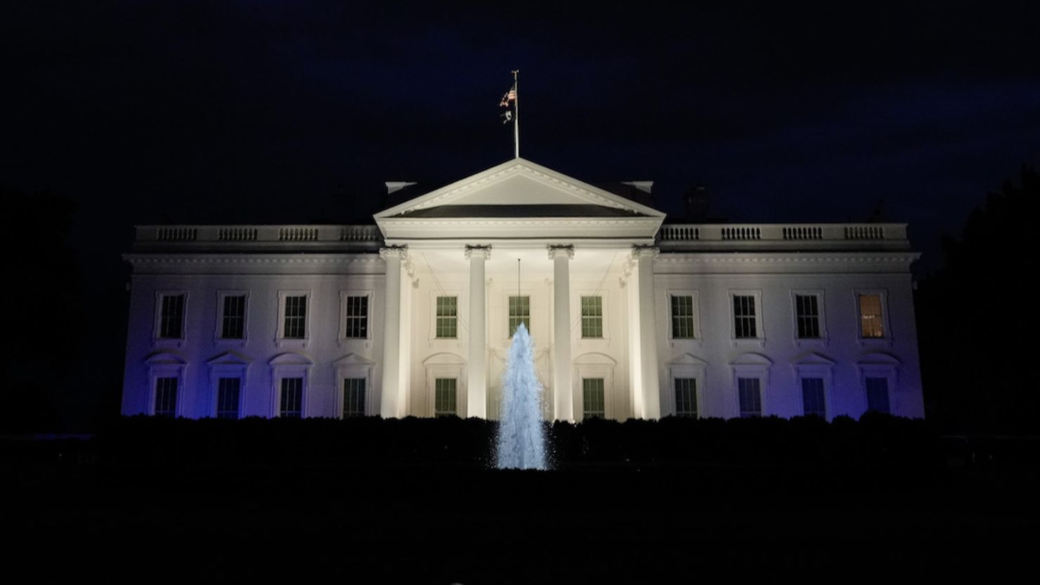 The White House is illuminated in white and blue in support of Israel on October 9, 2023.