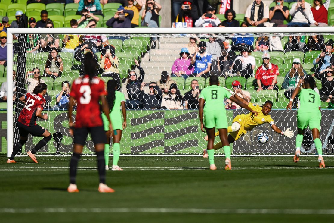 Mandatory Credit: Photo by MORGAN HANCOCK/EPA-EFE/Shutterstock (14017034ah)
Chiamaka Nnadozie (2-R) of Nigeria saves a penality against Christine Sinclair of Canada during the FIFA Women's World Cup 2023 soccer match between Nigeria and Canada at Melbourne Rectangular Stadium in Melbourne, Australia, 21 July 2023.
FIFA Women's World Cup 2023 - Nigeria vs. Canada, Melbourne, Australia - 21 Jul 2023