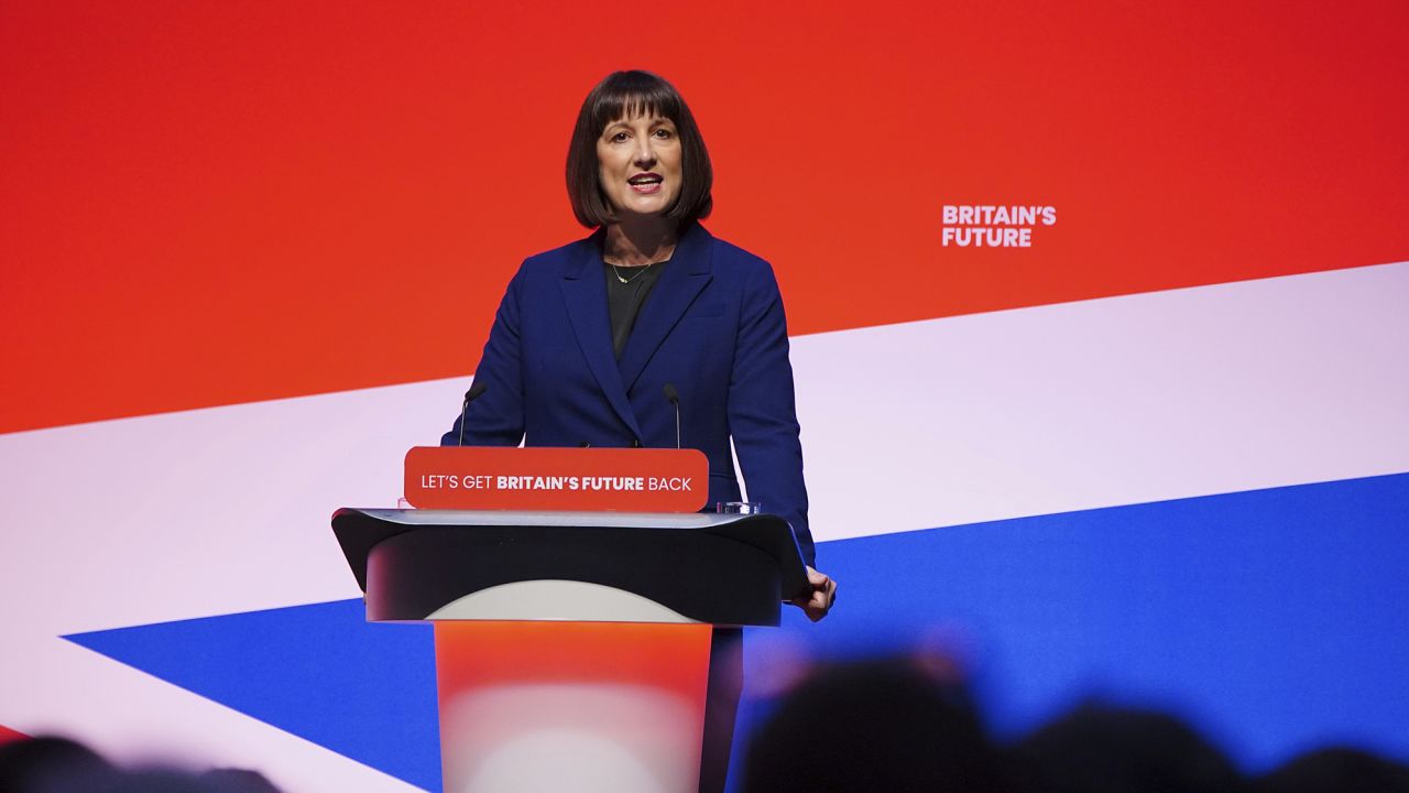 Shadow chancellor Rachel Reeves makes her keynote speech during the Labour Party Conference in Liverpool on October 9, 2023.