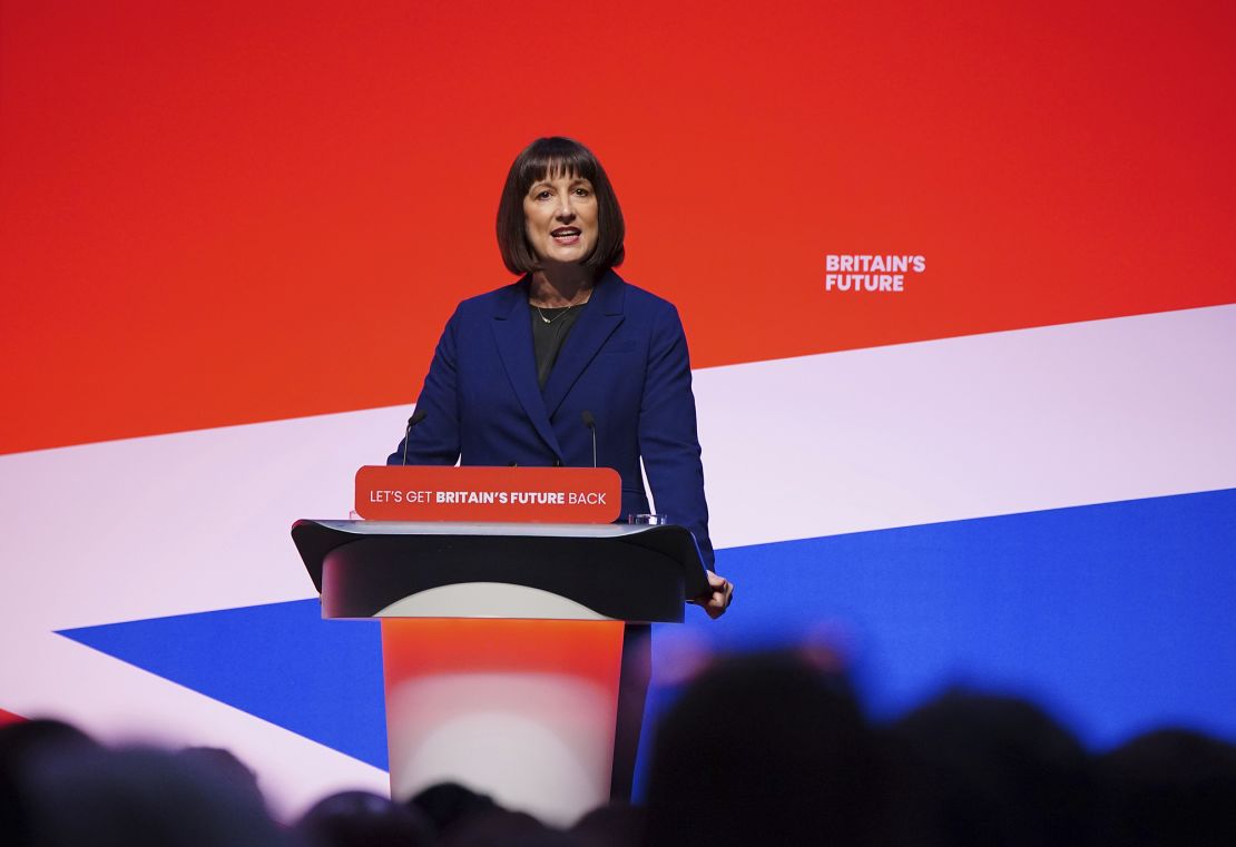 Shadow chancellor Rachel Reeves makes her keynote speech during the Labour Party Conference in Liverpool on October 9, 2023.