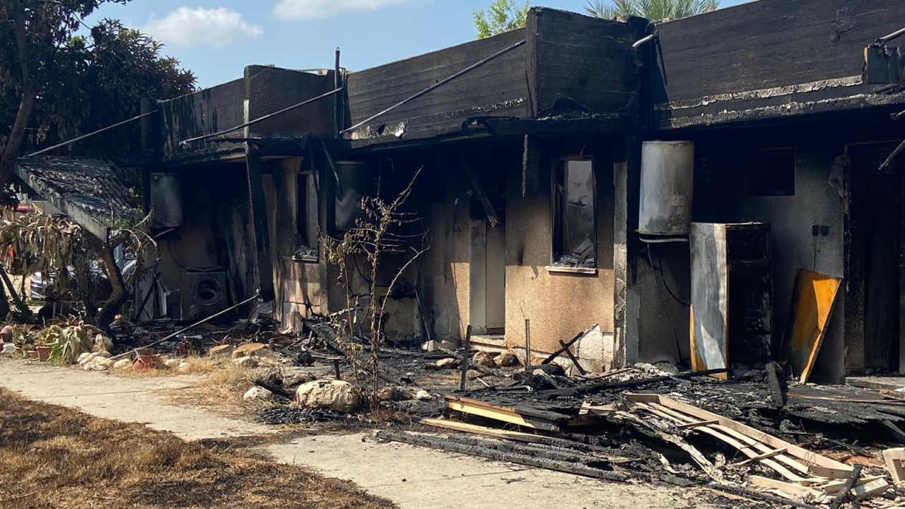 Burned out buildings are seen in the aftermath of Hamas' attack on kibbutz Kfar Aza in southern Israel.