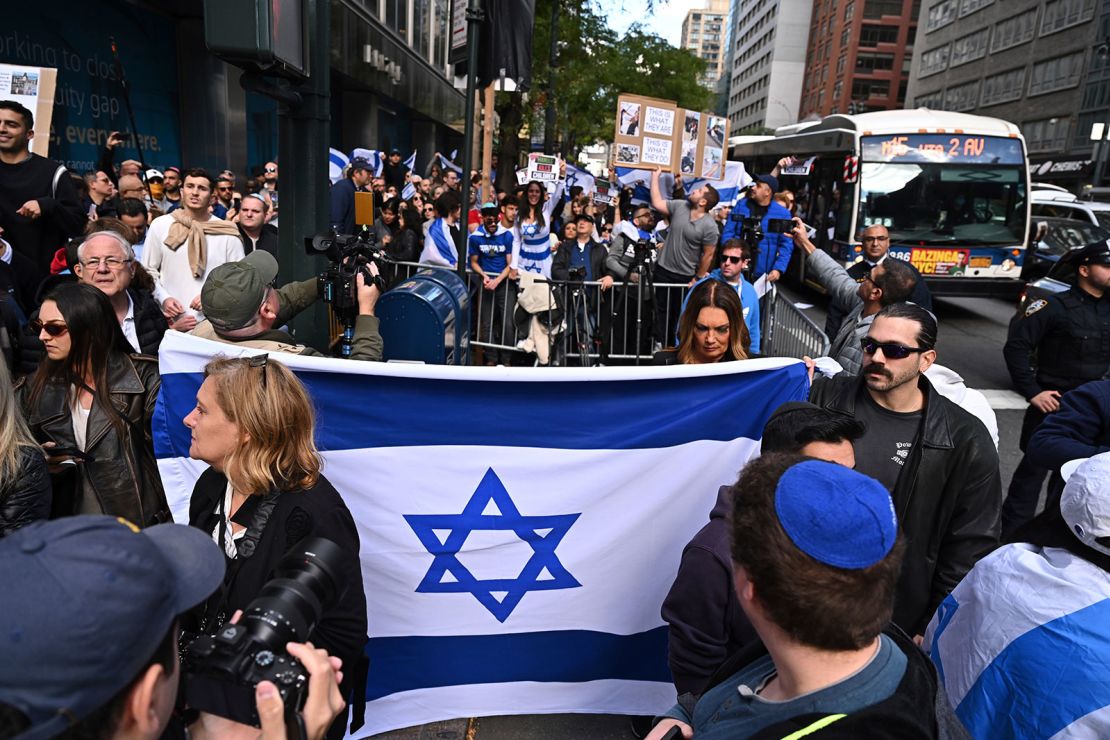 Photo by: NDZ/STAR MAX/IPx 2023 10/9/23 Pro-Israel demonstrators protest outside the Consulate General of Israel on October 9, 2023 in New York City.