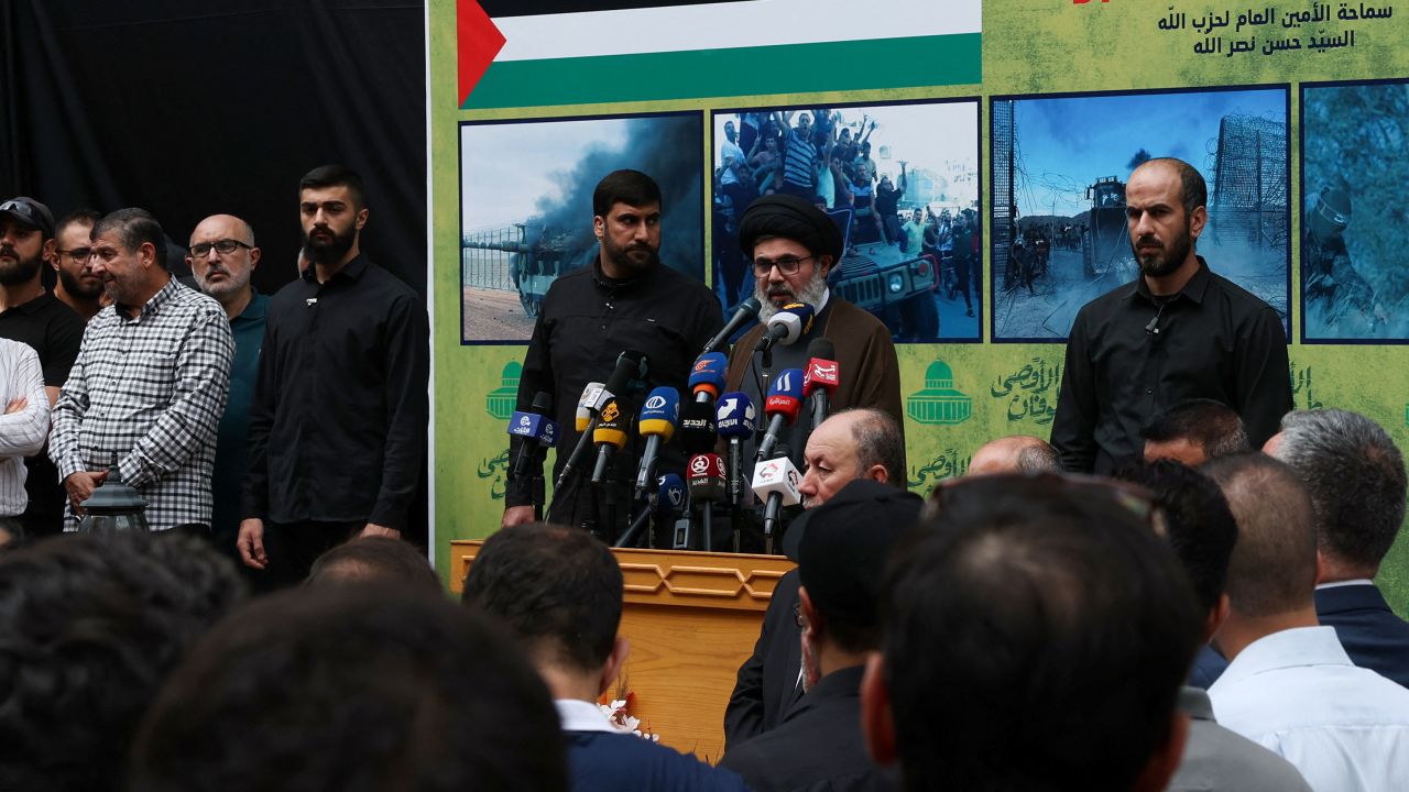 Hezbollah senior official Sayyed Hashem Safieddine speaks as supporters of Lebanon's Hezbollah attend a rally in Beirut on October 8, 2023 to express solidarity with Palestinians.