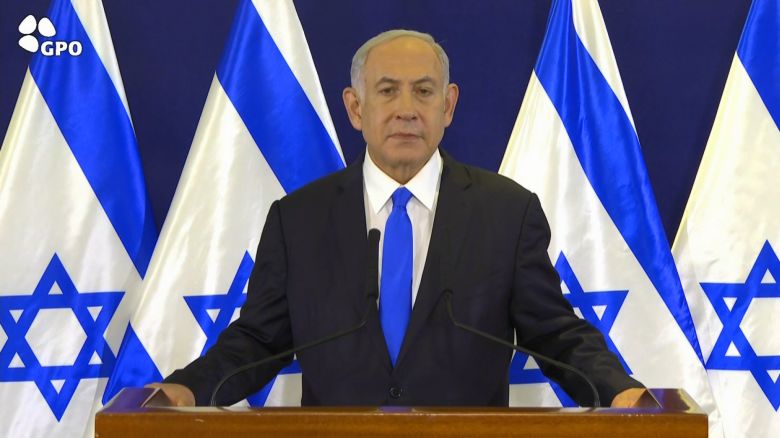 Israel's Prime Minister Benjamin Netanyahu speaks during a televised address to the nation on October 9, 2023.