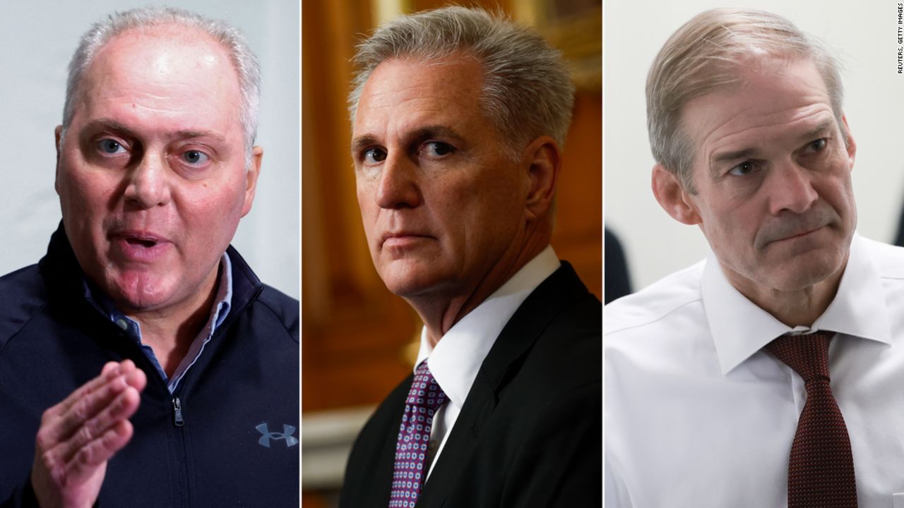 From left to right, US Republican Reps. Steve Scalise, Kevin McCarthy and Jim Jordan are pictured. 