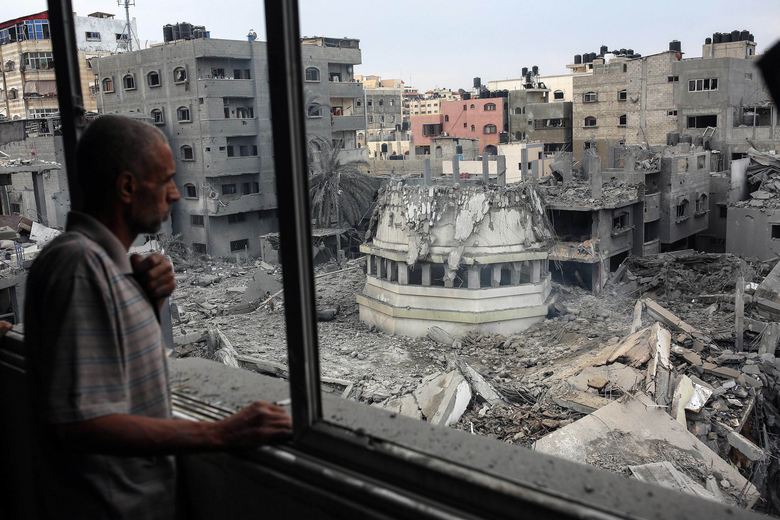 The ruins of the Yassin mosque are seen in the Shati refugee camp just outside Gaza City on October 9.