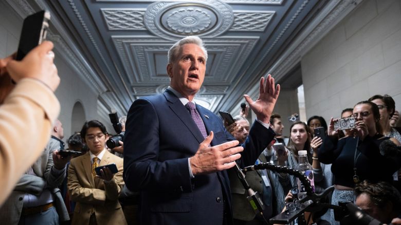 Rep. Kevin McCarthy (R-Calif.) speaks with reporters outside a House Speaker candidate forum on Capitol Hill Oct. 10, 2023. (Francis Chung/POLITICO via AP Images)